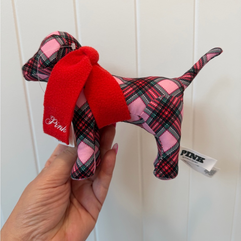 PINK Victoria's Secret Plaid Stuffed Dog with Red Scarf - Picture 4 of 6